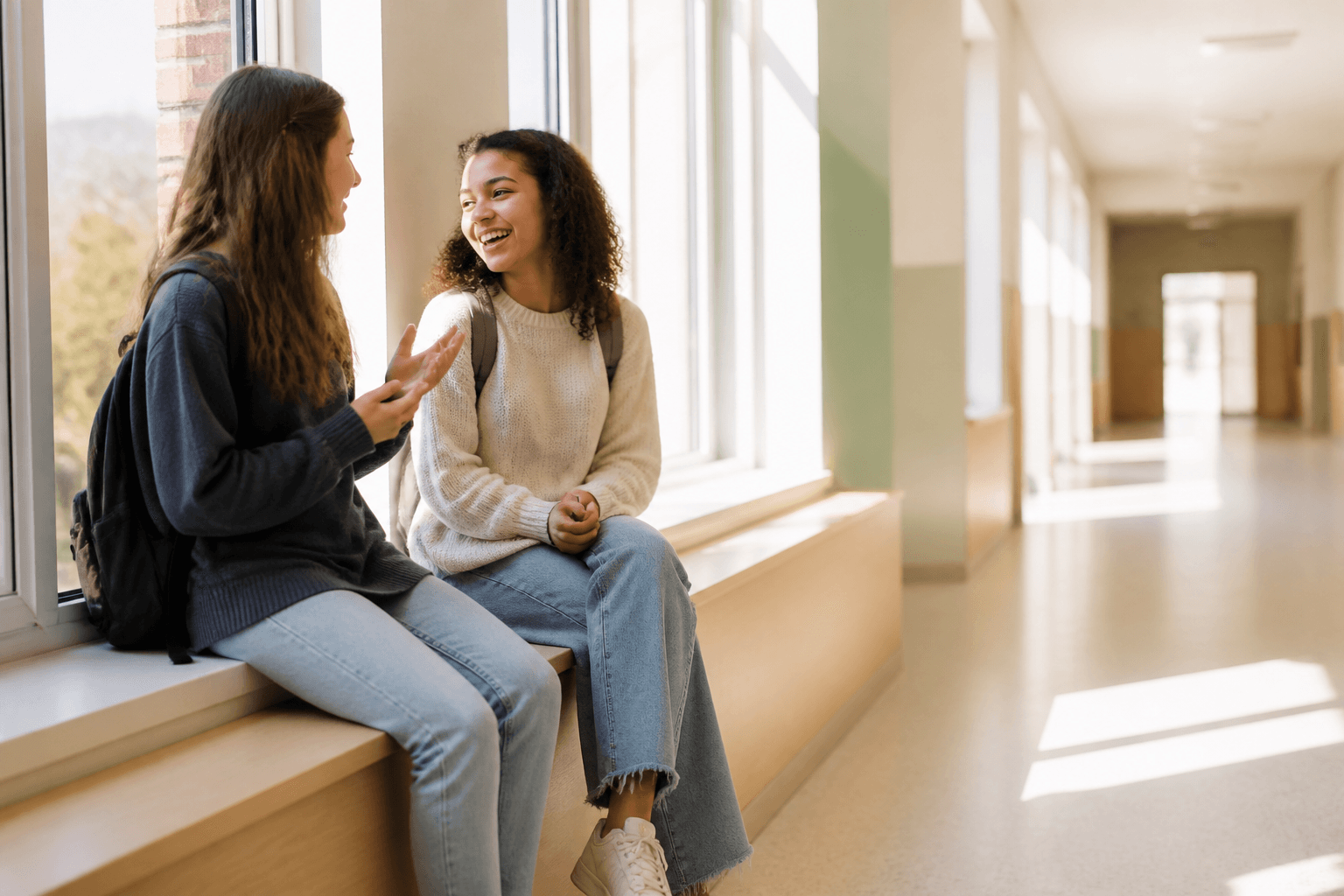 Two students talking on a sunlit windowsill in a school hallway