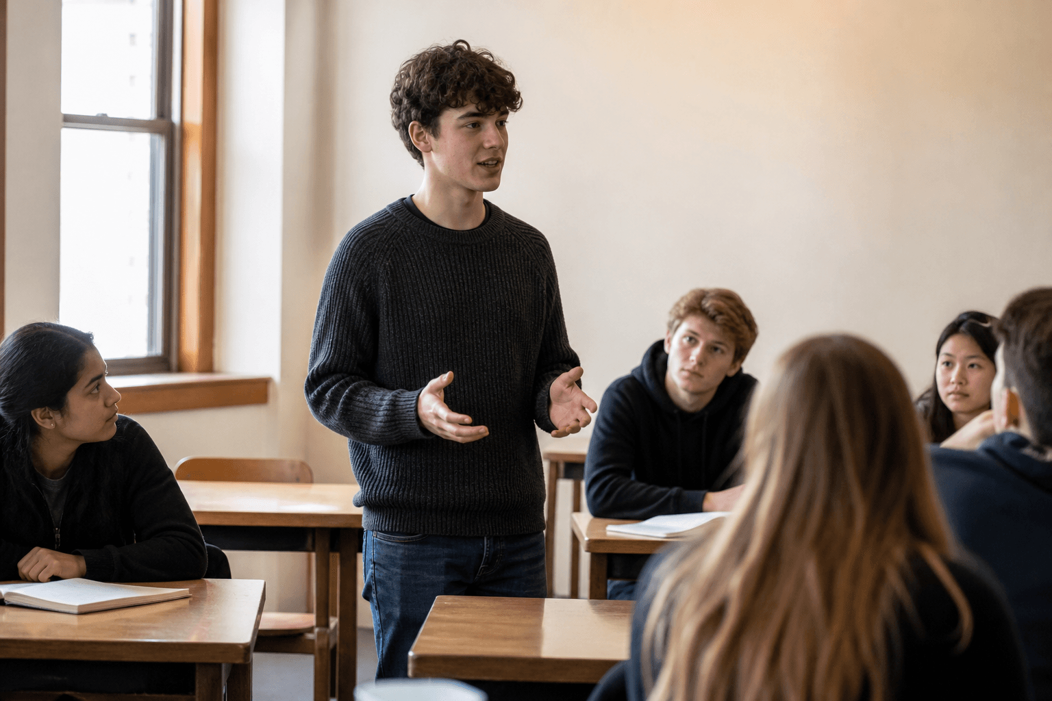 A student standing and speaking to classmates in a sunlit classroom