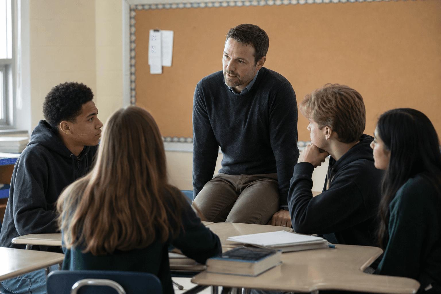 A teacher listening to students during a small group discussion